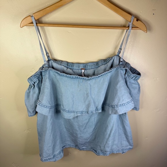Free People Off the Shoulder‎ Denim Chambray Spaghetti Strap Size Large Boho - Picture 2 of 8